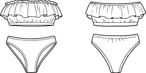 womens ruffle trim bandeau bikini set strapless tube top two piece swim suit flat sketch vector illustration technical cad drawing template
