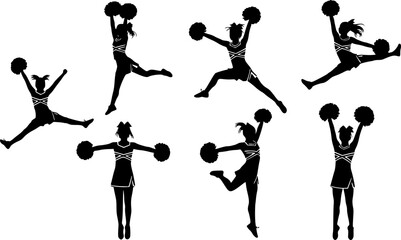 Vector silhouettes of young girls cheerleaders.

