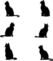 Six Elegant Black Cat Silhouettes Sitting Gracefully Against a White Background Perfect for Designs
