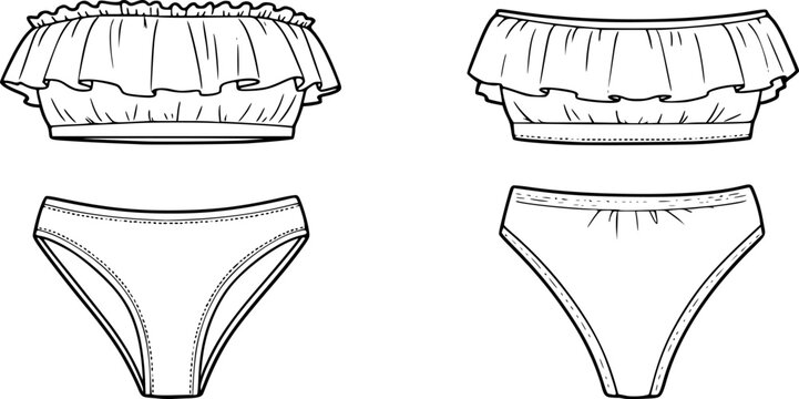 womens ruffle trim bandeau bikini set strapless tube top two piece swim suit flat sketch vector illustration technical cad drawing template
