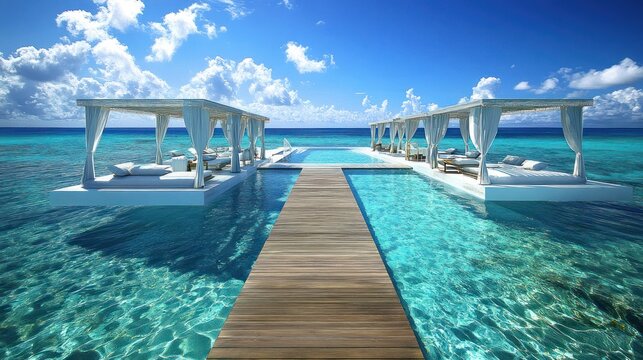 Luxurious overwater pool and cabanas in a tropical paradise.