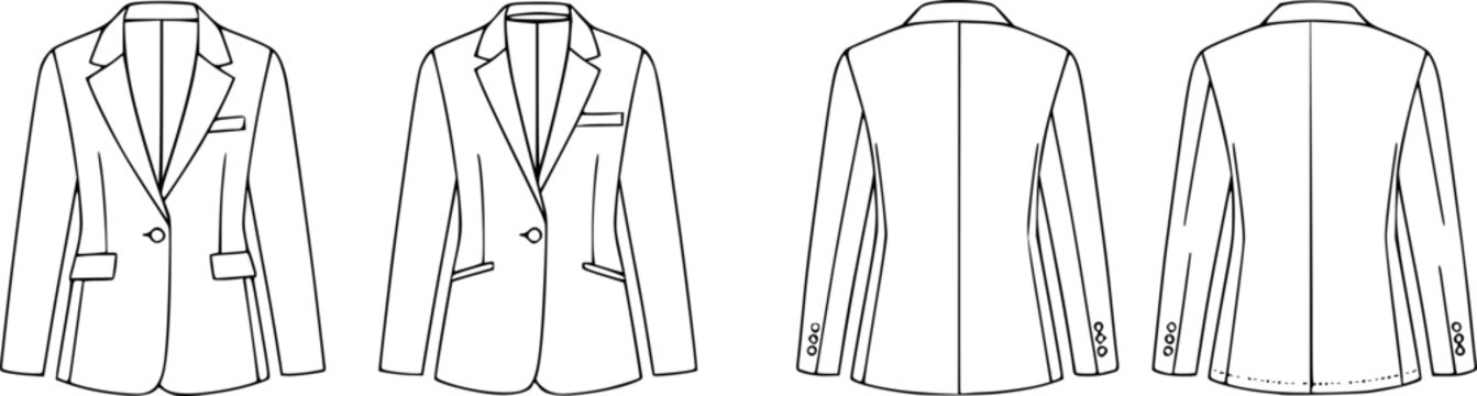 flat sketch set of women's blazer jacket technical cad drawing vector template
