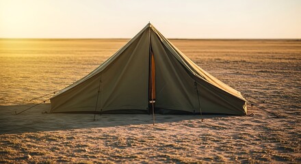 Camping Tent on Sandy Landscape at Golden Hour Outdoor Adventure