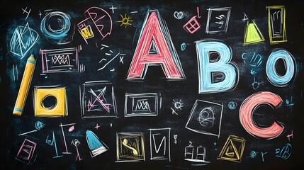 Vibrant Vector Illustration of Funky Chalk and Crayon Geometric Shapes with Iconic Fonts and Playful Modern Figures for a Kids Drawing Style