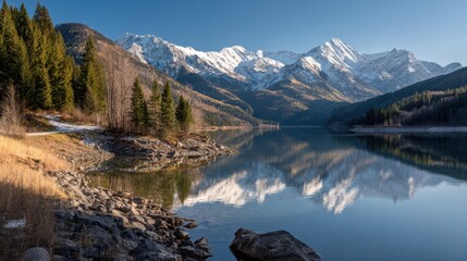 Obraz premium Snowcapped mountains reflected in a calm lake at sunrise