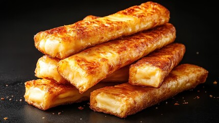 A tantalizing stack of golden brown fried cheese sticks, crispy on the outside and gooey inside, serves as the perfect snack or appetizer, appealing to cheese lovers everywhere.