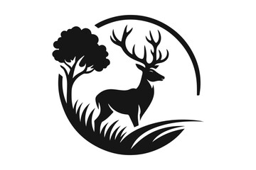Deer Silhouette logo image. Hart, Pricket, Venison, Doe, Buck, Stag, Roe, Fawn art Illustration logo.