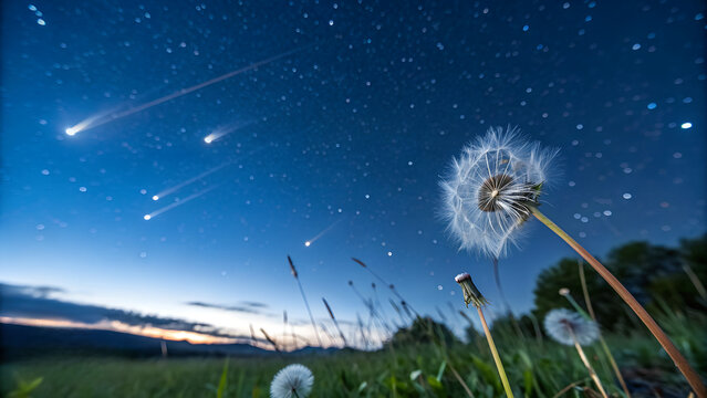 Ethereal Glowing Pebbles Mimicking Perseid Meteor Shower – Midnight Blue Velvet & Drifting Dandelion Seed (Copy Space Left)