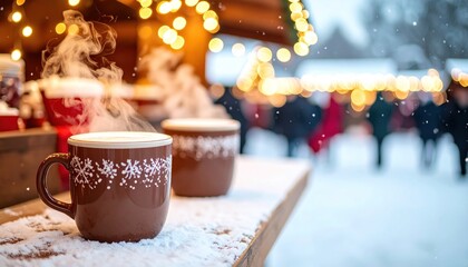 Steaming mugs with snowflake design at snowy winter market, bokeh lights & people blurred in background