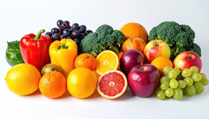 Colorful array of fresh fruits and vegetables piled together on a white surface