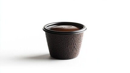 Dark brown textured plastic cup filled almost to the top with a dark brown sauce or dipping liquid, sitting on a white background, slightly shadowed to the right