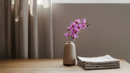 Pink orchid in a vase on a wooden table next to folded napkins. Sunlight streams in from a window in the background.