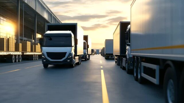 Trucks queue in an orderly fashion outside a massive warehouse complex, as packages move smoothly on conveyor belts into trailers ready for dispatch