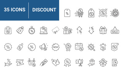 Discount set of web icons in line style. Shopping and e-commerce linear icon collection. Containing label, price tag, coupon, sale promotion, offer, credit, price card and more. Editable stroke