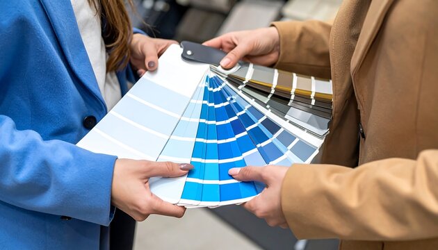 Women Choosing Blue Paint Swatches.