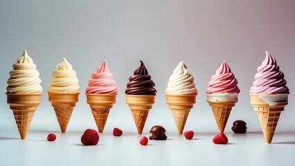 Collection of ice cream cones on a white background with empty copy space for text.