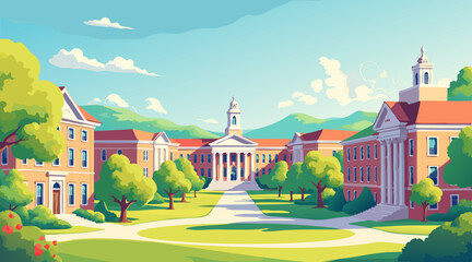 Vector campus scene background in soft pastel colors, iconic college buildings and green lawns, vibrant atmosphere for new beginnings with copy space 