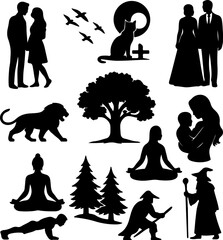 Vector silhouettes of people in yoga poses, including men, women, and children, with a stylish and artistic representation of body movement and balance
