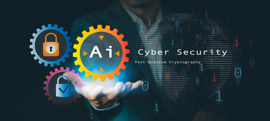 Cybersecurity with Agentic AI technology concept. Post Quantum Cryptography, data protection and secure login, futuristic interface for online safety, encryption, scam alert, artificial intelligence