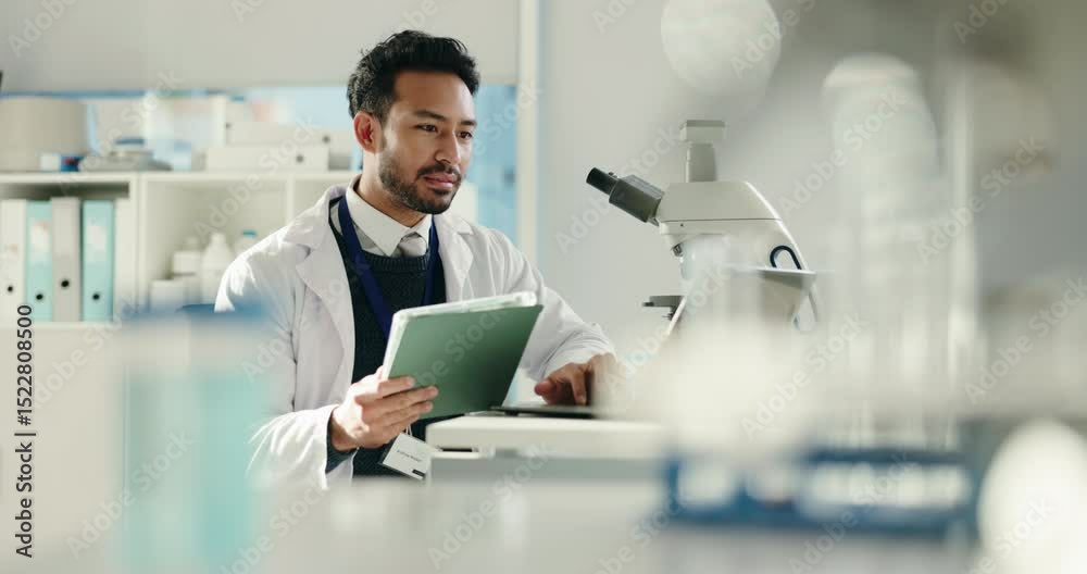 Poster man, scientist and reading on tablet in lab for research, medical study and online results. male per