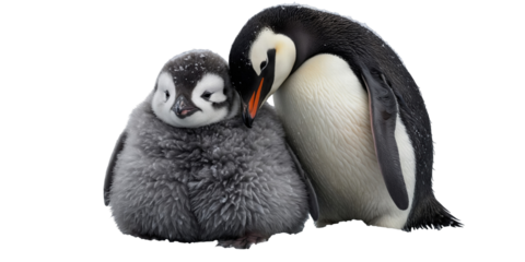 Adult penguin caring for fluffy chick on a white background  