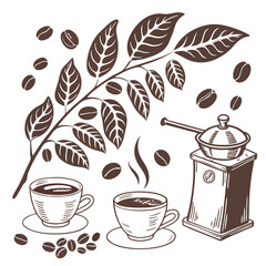 Illustration of coffee beans, leaves, coffee cups, and a coffee grinder in a detailed line drawing