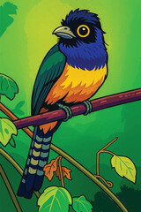 Adobe Illustrator Artwork Elegant Blue-Yellow Tropical Bird on Vine Branch – Digital Nature Artwork