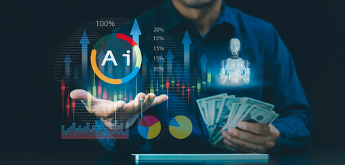 Businessman Using Data analysis, agentic AI technology, automation systems to help make money, Financial artificial intelligence, business growth, investment strategy, economic forecast
