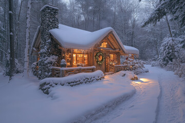 Log cabin nestled in snow.