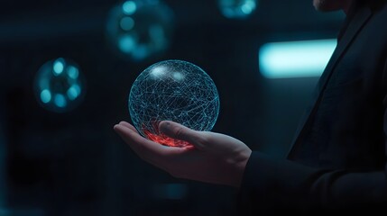 Futuristic hand holding glowing digital sphere with data connections