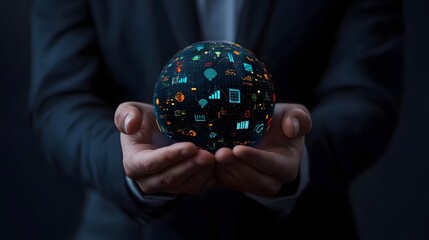 Hands Holding Globe with Colorful Data Visualizations for Technology