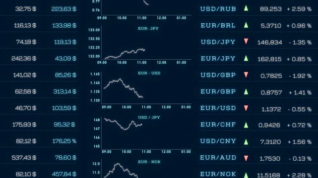 Currency rates, US dollar, Euro, British pound, Swiss franc, Japanese yen. Global exchange rates, stock market, charts. Trading board, market data, percentage changes. 3D animation  - Powered by Adobe
