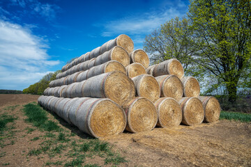 Amazing view with a large pile of bales of hay and blue sky with fluffy white clouds