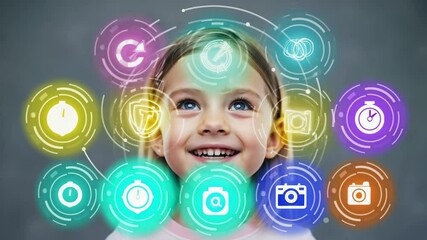 caucasian schoolgirl looking to neon app icons for education - Powered by Adobe