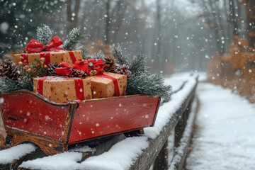 Red sled with presents, gliding in snow.