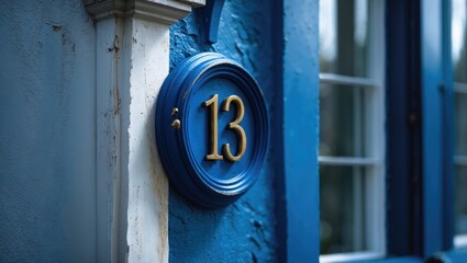 A blue plaque indicating the house number thirteen.