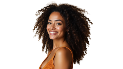 Confident woman smiling with curly hair wearing orange top  