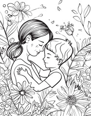 cartoon, illustration, vector, coloring, woman, coloring book, drawing, child, fairytale, love, people, cat, animal, family, children, outline, sketch, mother, art, fairy tale, baby, toy, comic, funny