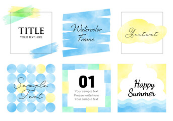 水彩のおしゃれな正方形のベクターフレームセット（青系・夏イメージ）