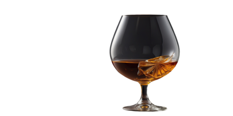 Brandy snifter filled with amber liquid on a white background  