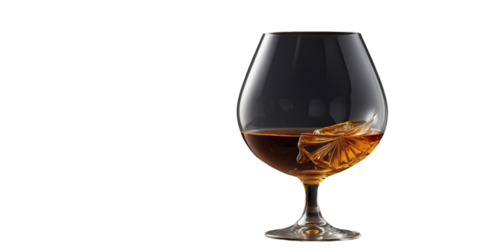 Brandy snifter filled with amber liquid on a white background  