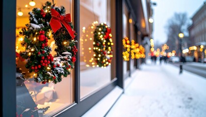 Wintery street view with holiday wreaths adorning storefront windows covered in snow and holiday lights