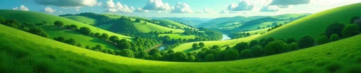 Fototapeta premium Vast green fields, scattered forests, winding rivers , river, peaceful, meadow
