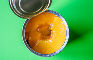 Open Tin Or Can Of Sliced Peaches Dessert Or Cooking Ingredients