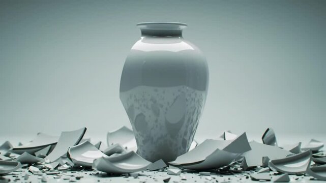 Shape and Fragment Geometry of Destruction. Broken Ceramic Vase with Shattered Pieces Against a Neutral Background