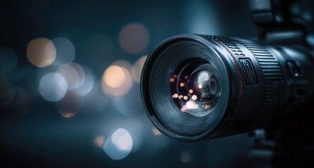 Close Up of Professional Camera Lens with Bokeh Lights in the Background Creating a Moody Atmosphere