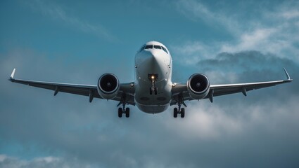 Naklejka premium Airplane during take-off against a blue sky with clouds
