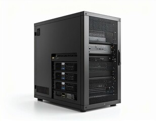 Fototapeta premium Powerful Black Server Rack Data Center Technology and Network Equipment High Performance Computing Infrastructure