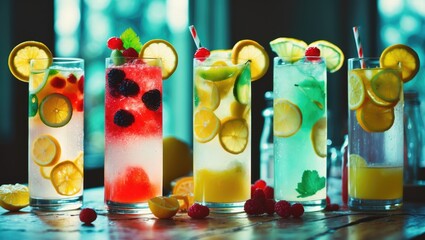 Fototapeta premium Bright glasses of lemonades with different tastes, decorated with fruits, cold, fresh, refreshing on the table with empty space for text