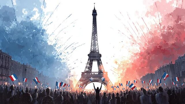 Celebration in Paris: Crowd with French Flags and Eiffel Tower on Bastille Day
